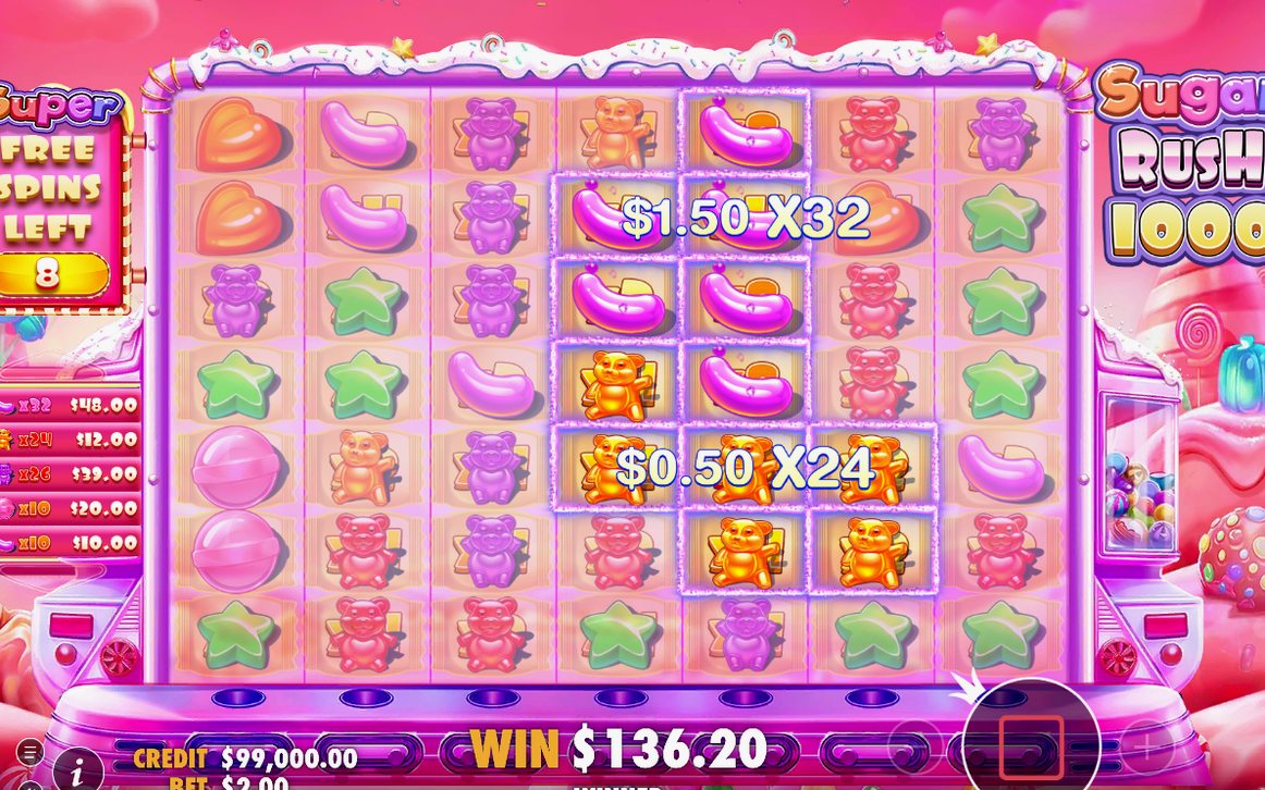 Win screen after a cluster pays on the 7x7 grid